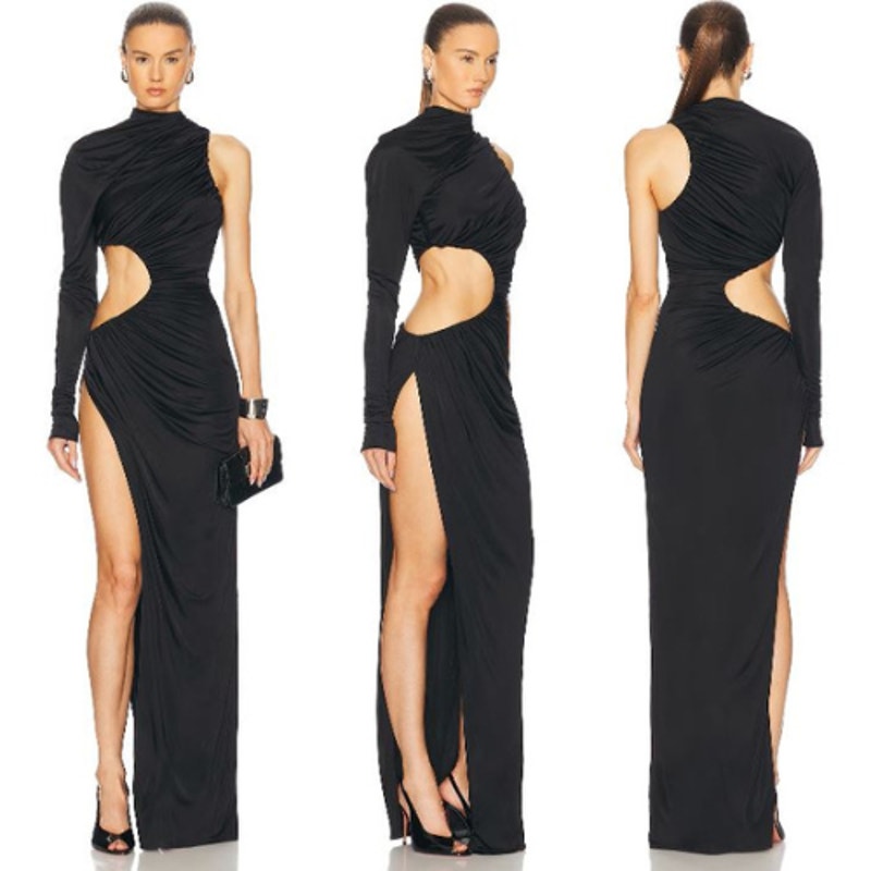 Atlein | Nwt One Sleeve Asymmetric Cut Out Ruched Jersey Gown Black Fr34 Xs — image 2 of 8